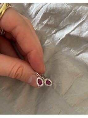 14k White Gold Ruby Halo Drop Earrings - Pink Ruby